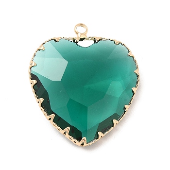 K9 Glass Pendants, Heart Charms, with Light Gold Tone Brass Findings, Faceted, Emerald, 31x28x9mm, Hole: 2mm
