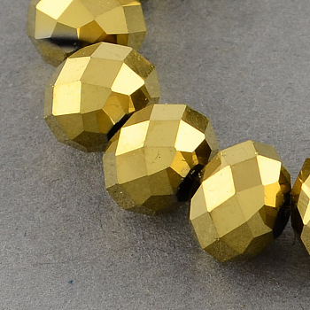 Electroplate Glass Bead Strands, Faceted, Rondelle, Golden Plated, 12x8~9mm, Hole: 1.5mm, about 72pcs/strand, 24 inch