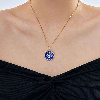 Brass Blue Enamel Evil Eye Pendant Dapped Chain Necklaces for Women Men, Golden, 15.75 inch(40cm)