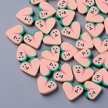 Handmade Polymer Clay Cabochons, Fashion Nail Art Decoration Accessories, Heart with Smile, Light Salmon, 10~11x11~12x2~3mmk, about 80~100pcs/20g