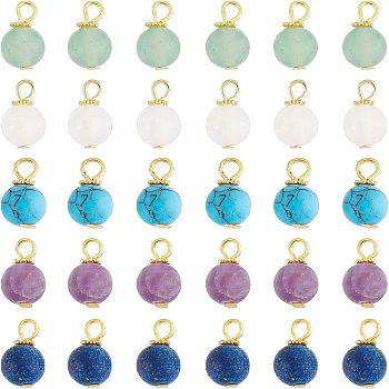 60Pcs Frosted Natural & Synthetic Gemstone Charms, with Golden Tone Alloy & Iron Findings, Mixed Dyed and Undyed, Round, 13.5x8mm, Hole: 3mm