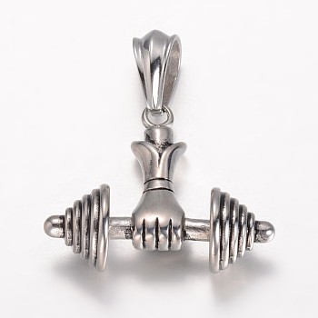 304 Stainless Steel Pendants, Weightlifting, Dumbbell, Gym Charms, Antique Silver, 35x40.5x16mm, Hole: 12x8mm