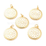Real 18K Gold Plated Brass Pendants, Cadmium Free & Lead Free, with Enamel, Long-Lasting Plated, Flat Round with Flower, White, 22.5x19.5x2mm, Jump Ring: 5x1mm, 3mm Inner Diameter(KK-L206-013G-01)