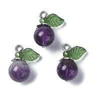 Natural  Amethyst Fruit Pendants, Apple Charms with Stainless Steel Color Tone 304 Stainless Steel Loops, 16x16x8~8.3mm, Hole: 1.6mm(PALLOY-TA00077-04)