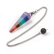 Natural/Synthetic Mixed Stone Chakra Hexagonal Pointed Dowsing Pendulums, with 304 Stainless Steel Findings, Cone/Spike, 258x2.5mm, Hole: 2mm, Pendant: 46x16x14mm(PALLOY-JF00350)
