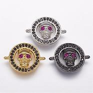 Brass Micro Pave Cubic Zirconia Links, Flat Round and Skull, Mixed Color, 15x20x5mm, Hole: 2mm(ZIRC-G095-40)