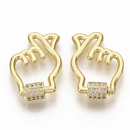 Brass Micro Pave Clear Cubic Zirconia Screw Carabiner Lock Charms, for Necklaces Making, Gesture for Finger Heart, Real 16K Gold Plated, 28x18.5x2.5mm, Screw Clasp: 7x6mm(ZIRC-S066-003)