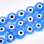 Handmade Evil Eye Lampwork Beads Strands, Flat Round, Deep Sky Blue, 11~13x4~5mm, Hole: 1.2mm, about 31~33pcs/strand, 14.1 inch~15.3 inch(LAMP-S191-02D-05)