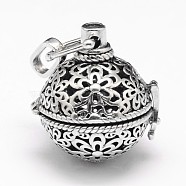 Rack Plating Brass Hollow Round with Flower Cage Pendants, For Chime Ball Pendant Necklaces Making, Antique Silver, 27.5x25x22mm, Hole: 9x3.5mm, inner: 17.5mm(KK-M181-09AS)