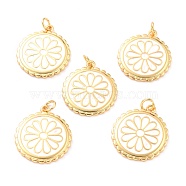 Real 18K Gold Plated Brass Pendants, with Enamel, Long-Lasting Plated, Flat Round with Flower, White, 22.5x19.5x2mm, Jump Ring: 5x1mm, 3mm Inner Diameter(KK-L206-013G-01)