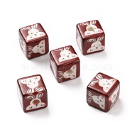 Opaque Printed Acrylic Beads, Cube with Rabbit Pattern, Dark Red, 13.5x13.5x13.5mm, Hole: 3.8mm(MACR-C007-01F)