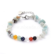 Chip Natural Flower Amazonite Beaded Bracelets, with Round Natural Gemstone Beads and 304 Stainless Steel Lobster Claw Clasps, 8-7/8 inch(22.5cm)(BJEW-JB05258-02)