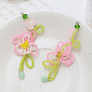 Glass Seed Beaded Woven Flower Pendant Deocrations, for Earrings Mobile Phone Handbag Accessories, Pearl Pink, 74x33mm(INS-PW0002-12B)