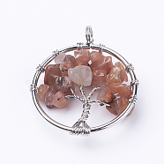Natural Agate Pendants, with Brass Findings, Flat Round with Tree of Life, Platinum, 29x5~7mm, Hole: 4.5mm(G-E419-04P)