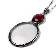 Flat Round Glass Magnifying Pendant Necklace for Women, Gunmetal, Dark Red, 22.05 inch(56cm)(NJEW-K125-01B-02)