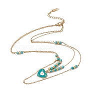Enamel Charms Double Layer Necklace with Synthetic Turquoise Beaded, 304 Stainless Steel Cable Chains Bohemia Necklace for Women, Golden, Heart Pattern, Heart: 15.5x15x2mm, 16 inch(40.5cm)(NJEW-P269-20A-G)