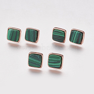 Synthetic Malachite Stud Earrings, with Brass Findings, Real Rose Gold Plated, Square, 12x12x4.5~6mm, Pin: 1mm(X-EJEW-F139-A01)