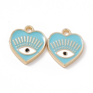 Alloy Enamel Pendants, Golden, Heart with Eye Charm, Sky Blue, 14.5x13x1.5mm, Hole: 1.6mm(ENAM-K066-08E)
