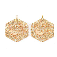Brass Micro Pave Clear Cubic Zirconia Pendants, Nickel Free, Textured, Hexagon with Moon, Real 18K Gold Plated, 24.5x19x1.5mm, Hole: 1.6mm(KK-S356-555-NF)