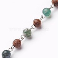 Handmade Natural Moss Agate Beaded Chains, Unwelded, with Wood Beads and Iron Eye Pin, 39.37 inch(1m)/strand(AJEW-JB00441-02)