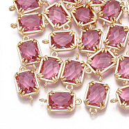 Glass Links connectors, with Brass Findings, Faceted, Rectangle, Golden, Hot Pink, 16x9x3.5mm, Hole: 1.2mm(GLAA-S179-08E)
