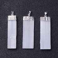 Natural Selenite Big Pendants, Rectangle Charms, with Rack Plating Brass Findings, Silver, 52~61x14~19x5~7mm, Hole: 8x5mm(G-C002-07S)