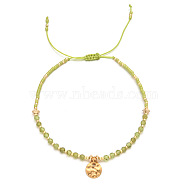 Natural Olive Quartz Braided Bead Bracelet, Adjustable Bracelet with Flat Round Charms, (FR2657-4)