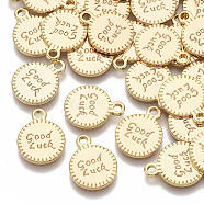 Brass Charms, Nickel Free, Flat Round with Word Good Luck, Real 18K Gold Plated, 13.5x10.5x1.5mm, Hole: 1.5mm(X-KK-T055-010G-NF)