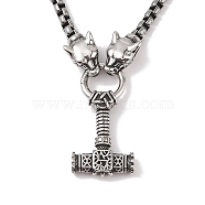 304 Stainless Steel Leopard Head King Box Chain Viking Mjolnir Thor Hammer Pendant Necklaces for Men, Antique Silver, 24.41 inch(62cm)(NJEW-K278-14AS)