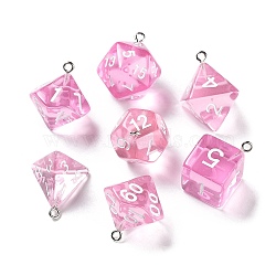 7Pcs 7 Styles Transparent Resin Polyhedral Dice Pendants Set, Multi-Sided Dice Charms with Platinum Plated Iron Loops, Mixed Shapes, Pearl Pink, 20~28x19~24x17~24mm, Hole: 2mm, 1pc/style(RESI-A029-01D)