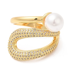 Rack Plating Brass Teardrop Cuff Ring with Plastic Pearl Beaded, Cubic Zirconia Ring, Lead Free & Cadmium Free, Real 18K Gold Plated, US Size 7 1/2(17.7mm)(RJEW-D004-02G)