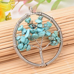 Synthetic Turquoise Big Pendants, with Platinum Plated Brass Findings, Flat Round with Tree of Life, 53~56x48~51x8mm, Hole: 4mm(G-F265-05C)