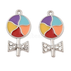 Rack Plating Alloy Enamel Pendants, with Rhinestone, Lollipop Charm, Platinum, 19x10x2mm, Hole: 1mm(PALLOY-R451-06P)