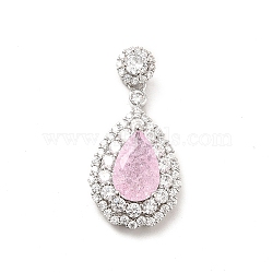 Brass Micro Pave Clear Cubic Zirconia Pendants, with Faceted Glass, Teardrop, Real Platinum Plated, Pink, 32.5mm, Hole: 3.5x2.5mm(KK-I695-002P-02)