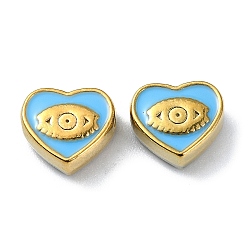 Ion Plating(IP) 304 Stainless Steel Enamel Beads, Real 18K Gold Plated, Heart with Eye, Light Sky Blue, 9x10x4.5mm, Hole: 1.2mm(STAS-Q318-11D)