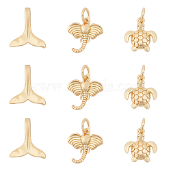 CHGCRAFT 18Pcs 3 Style Brass Charms, Long-Lasting Plated, Sea Turtle & Elephant & Whale Fishtail, Golden, 12.3x11x2.5mm, Hole: 3mm(KK-CA0001-52G)