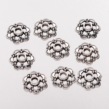 6-Petal Filigree Flower Tibetan Silver Bead Caps, Lead Free & Nickel Free & Cadmium Free, Antique Silver, about 13.5mm in diameter, Hole: 2mm