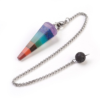 Natural/Synthetic Mixed Stone Chakra Hexagonal Pointed Dowsing Pendulums, with 304 Stainless Steel Findings, Cone/Spike, 258x2.5mm, Hole: 2mm, Pendant: 46x16x14mm