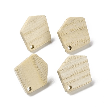 Ash Wood Stud Earring Findings, with 304 Stainless Steel Pin, Pentagon, 21.5x19mm, Hole: 2mm, Pin: 0.7mm