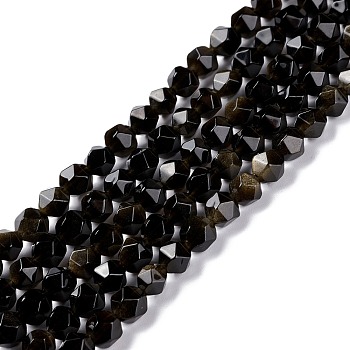 Natural Golden Sheen Obsidian Beads Strands, Polygon, Faceted, 6x6mm, Hole: 1mm, about 65pcs/strand, 15.55 inch(39.5cm)
