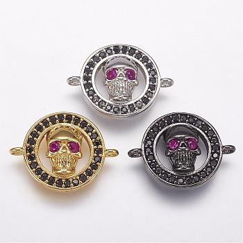 Brass Micro Pave Cubic Zirconia Links, Flat Round and Skull, Mixed Color, 15x20x5mm, Hole: 2mm