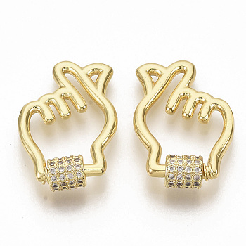 Brass Micro Pave Clear Cubic Zirconia Screw Carabiner Lock Charms, for Necklaces Making, Gesture for Finger Heart, Real 16K Gold Plated, 28x18.5x2.5mm, Screw Clasp: 7x6mm