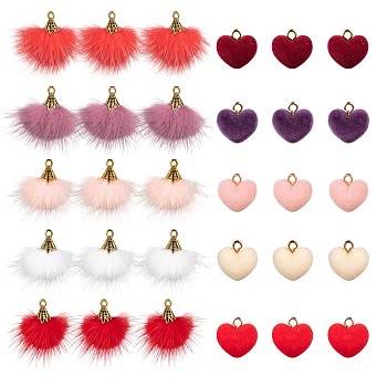 DIY Jewelry Making Kits for Valentine's Day, Including: 10Pcs Heart Flocky Acrylic Pendants and 10Pcs Faux Mink Fur Tassel Pendant Decorations, Mixed Color, 20pcs/box