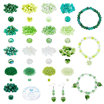 DIY Stretch Bracelet Making Kit, Including Round & Rondelle & Column Glass &s Seed Beads, Elastic Thread, Green