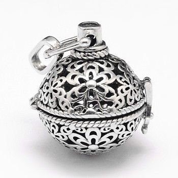 Rack Plating Brass Hollow Round with Flower Cage Pendants, For Chime Ball Pendant Necklaces Making, Antique Silver, 27.5x25x22mm, Hole: 9x3.5mm, inner: 17.5mm