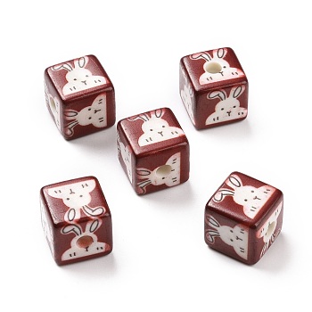 Opaque Printed Acrylic Beads, Cube with Rabbit Pattern, Dark Red, 13.5x13.5x13.5mm, Hole: 3.8mm