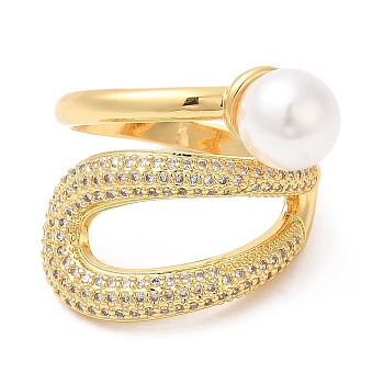 Rack Plating Brass Teardrop Cuff Ring with Plastic Pearl Beaded, Cubic Zirconia Ring, Lead Free & Cadmium Free, Real 18K Gold Plated, US Size 7 1/2(17.7mm)