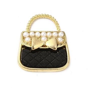 Alloy Enamel Charms, with ABS Plastic Imitation Pearl Beads, Cadmium Free & Nickel Free & Lead Free, Golden, Handbag with Bowknot Charm, Black, 18.5x16x4.5mm, Hole: 4.5x8mm