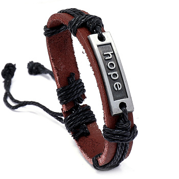 Adjustable Cowhide Cord Bracelets for Men, Antique Silver Tone Word Hope Alloy Links Bracelets, Black, 6-3/4 inch(17cm)