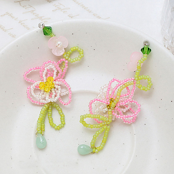 Glass Seed Beaded Woven Flower Pendant Deocrations, for Earrings Mobile Phone Handbag Accessories, Pearl Pink, 74x33mm